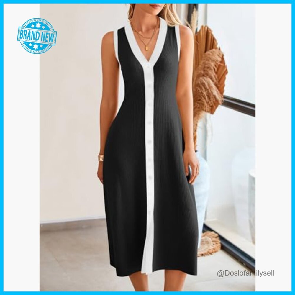 Sleeveless V-Neck Ribbed Knit Midi Dress Button Down Casual Summer Chic - Picture 2 of 7